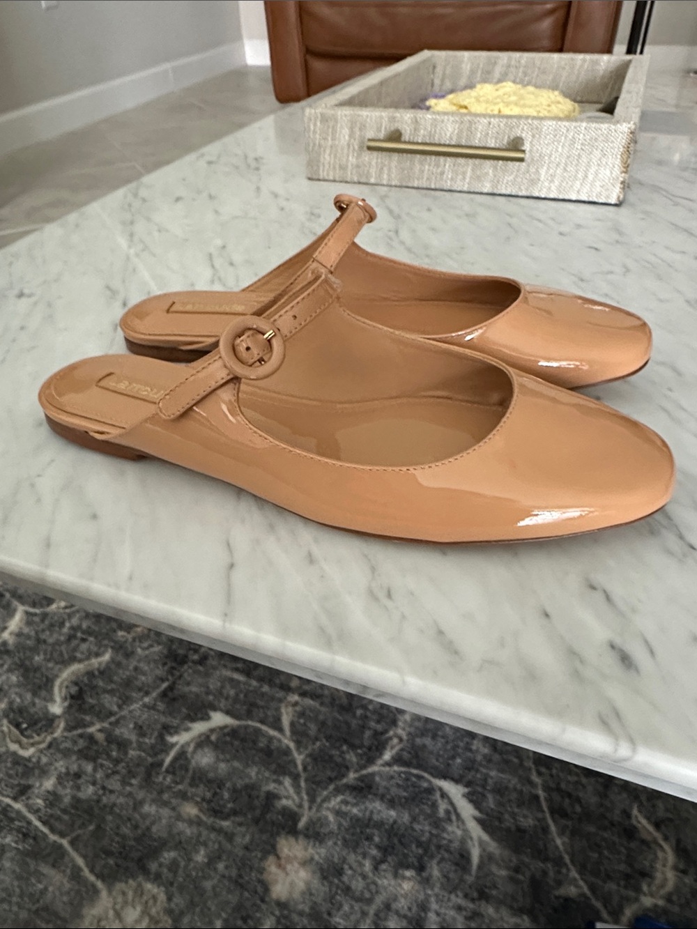 Larroude NEW Nude Patent Leather Mary Jane Mules